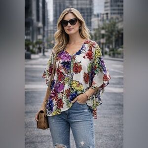 Karen Kane Plus Size 2X Floral Print Poncho Top Blouse Caftan Boho Sheer
